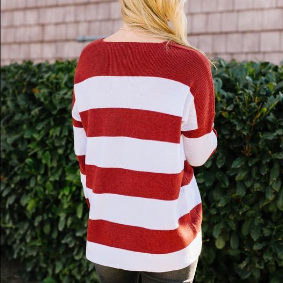 Room With A View Striped V-Neck Sweater in Rust - Picture 4 of 8